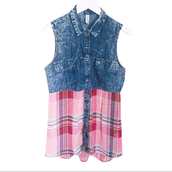 WAREHOUSE ONE Mixed Media Denim Button Down Shirt With Plaid Blue/Pink Sz Medium - Picture 8 of 11